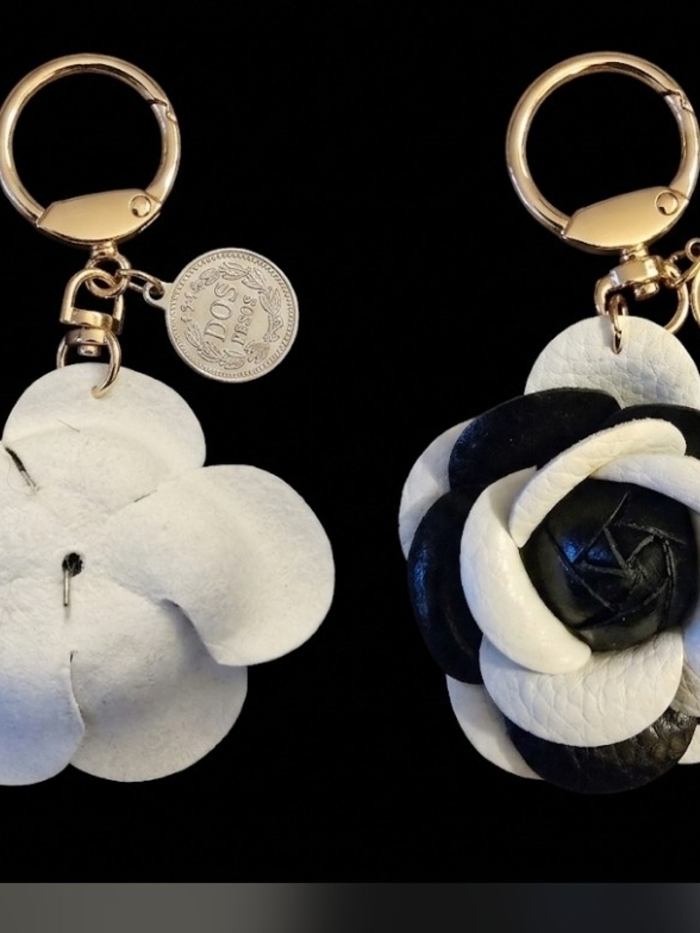 Faux Leather Camellia Flower Keychain In White & Black-NEW!